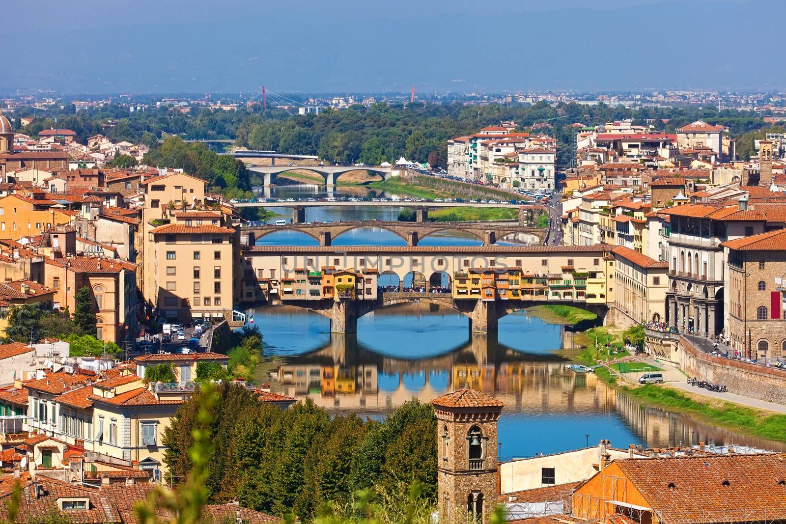 Panorama of bridges and city in Florence, Italy