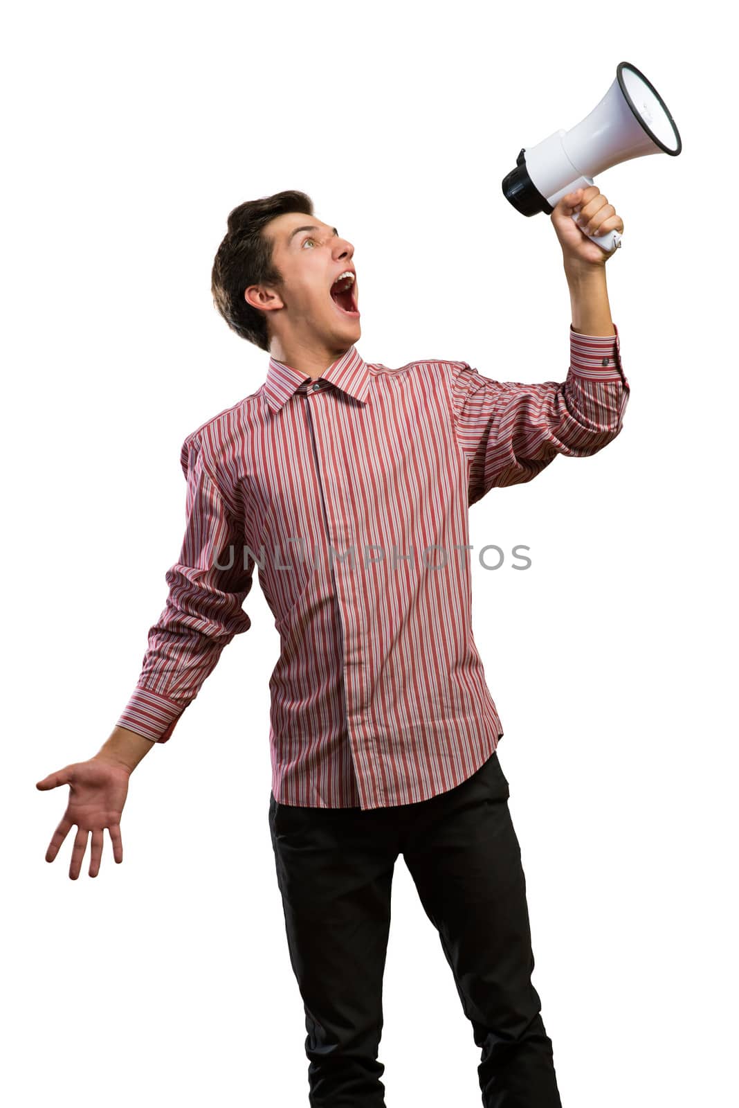 man shouts through a megaphone. isolated on white background