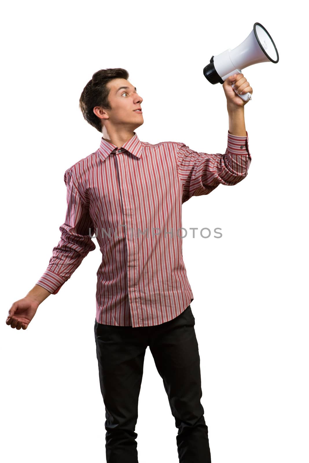 man shouts through a megaphone. isolated on white background