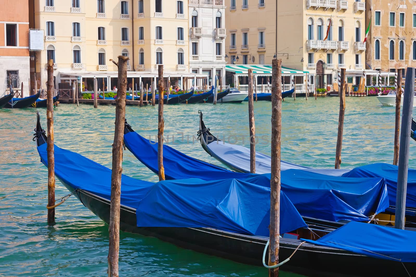 Beautiful view of Famous Venetian gondolas in Venice, Italy