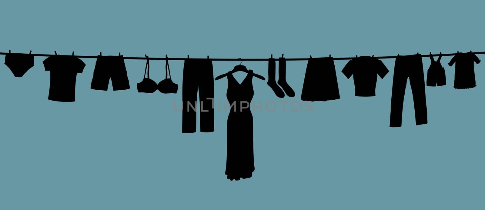 Illustration of a long clothes line containing many clothes types