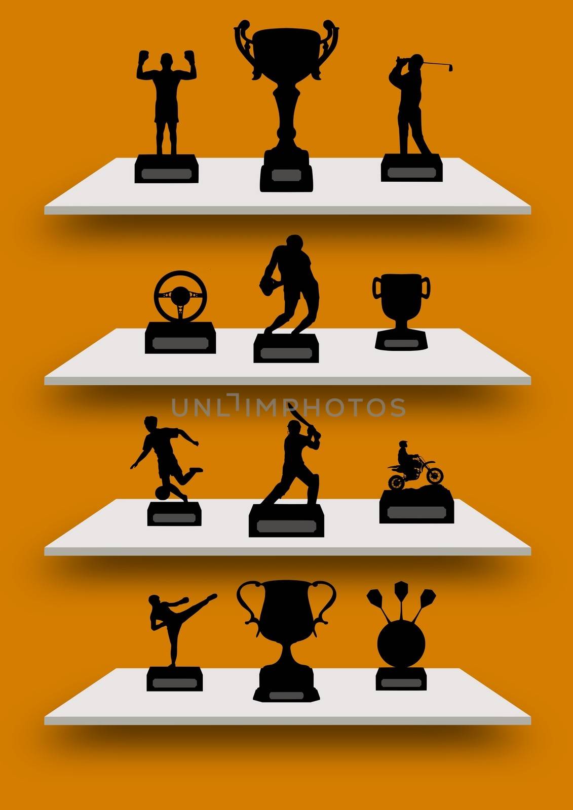 Illustration of many kinds of sporting trophies on four shelves
