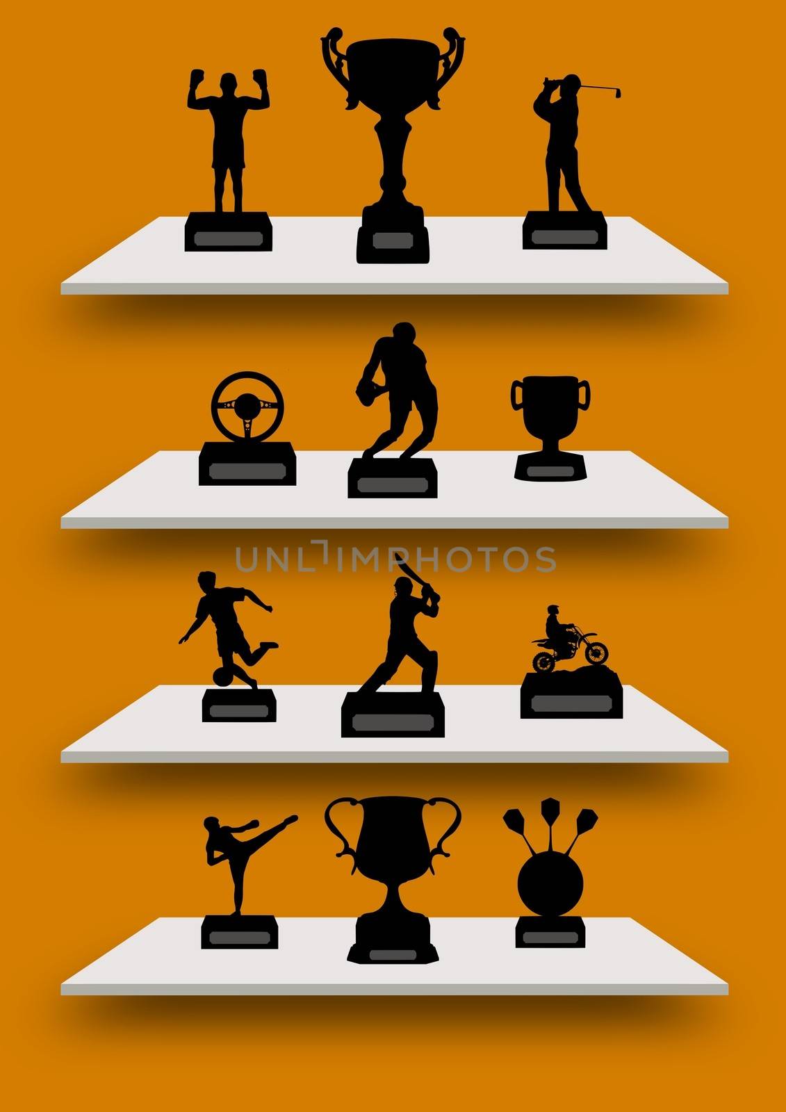 Illustration of many kinds of sporting trophies on four shelves