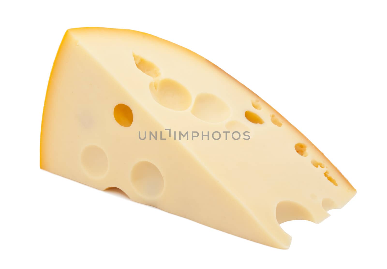 Piece of yellow cheese with holes, isolated on white background