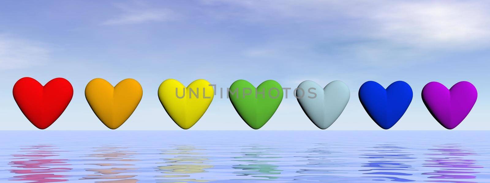 Seven hearts in a row with chakra colors upon water by beautiful day