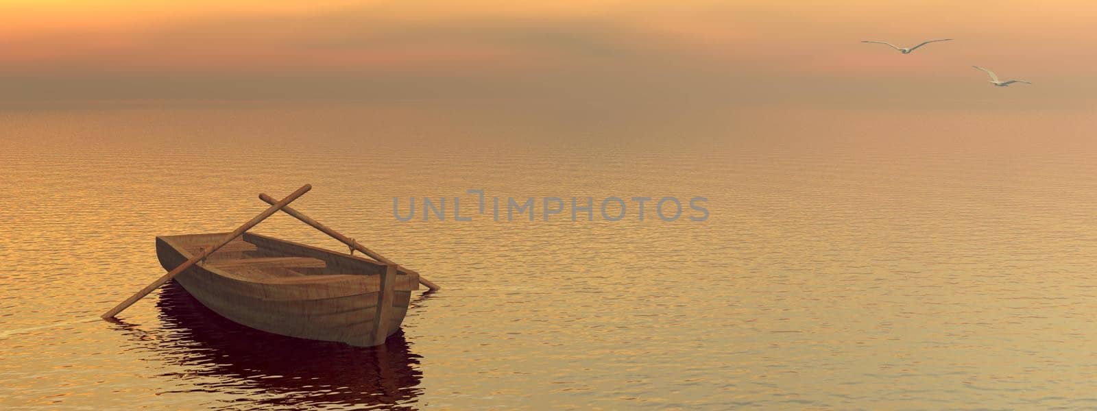 Small wood boat on the water by sunset