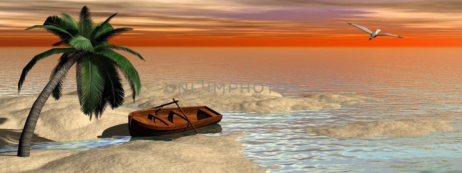 Small old wood boat next to palm tree at the beach by sunset