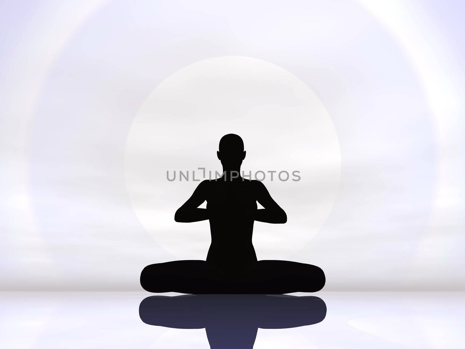 Woman silhouette meditating in front of clear hard white sun