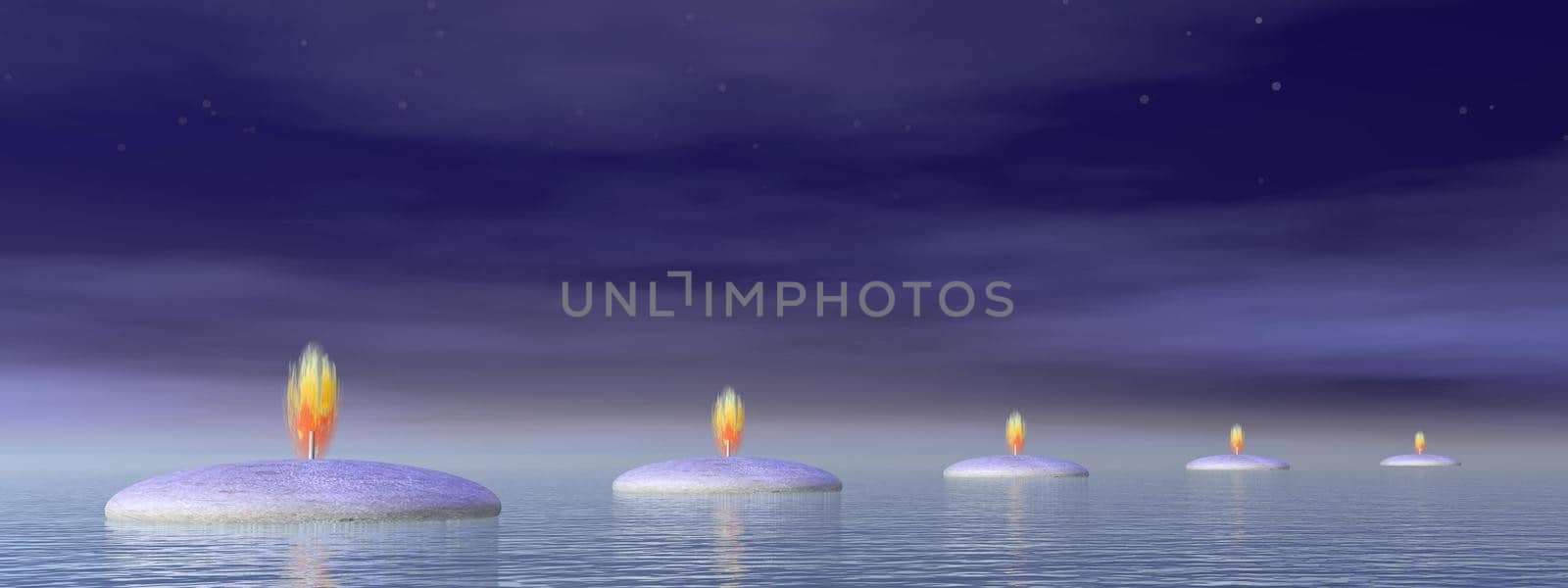 Stones with fire lights as steps on the ocean by night