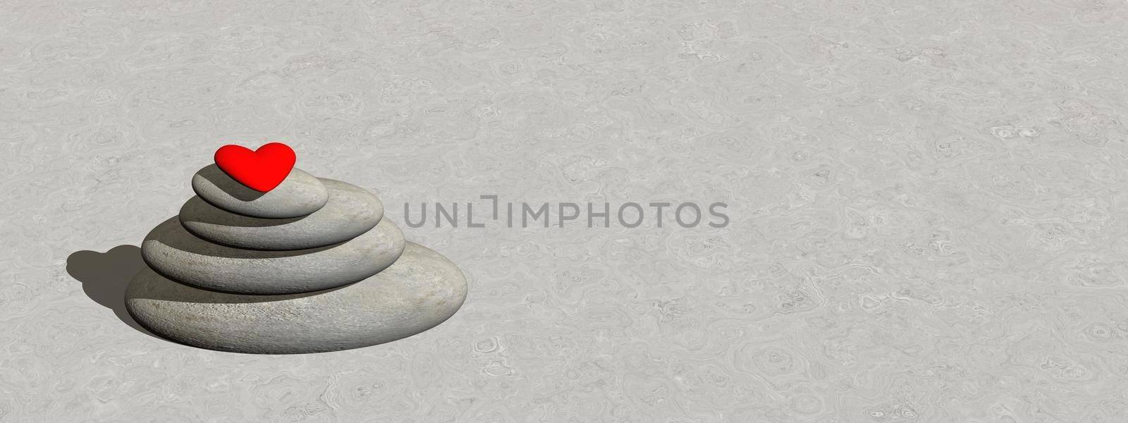 Small red heart upon white stones in balance on grey ground