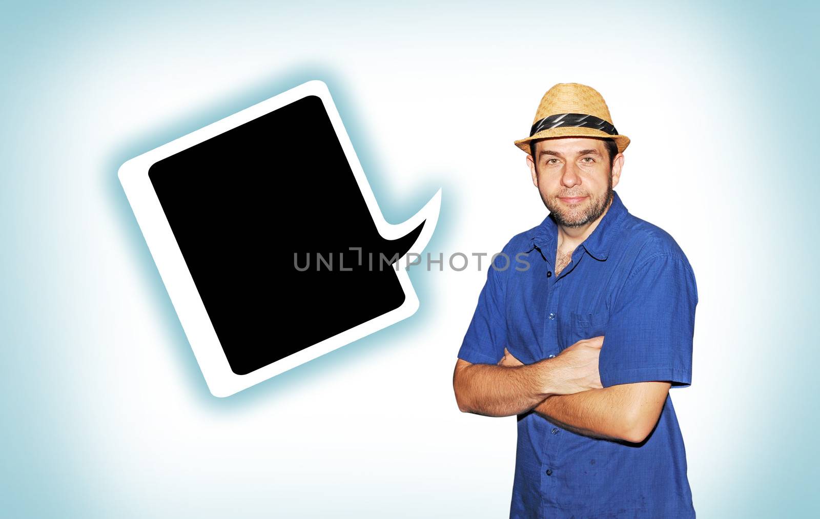 Humorous concept, middle aged man with straw hat smiling with big cartoon speech bubble for your text