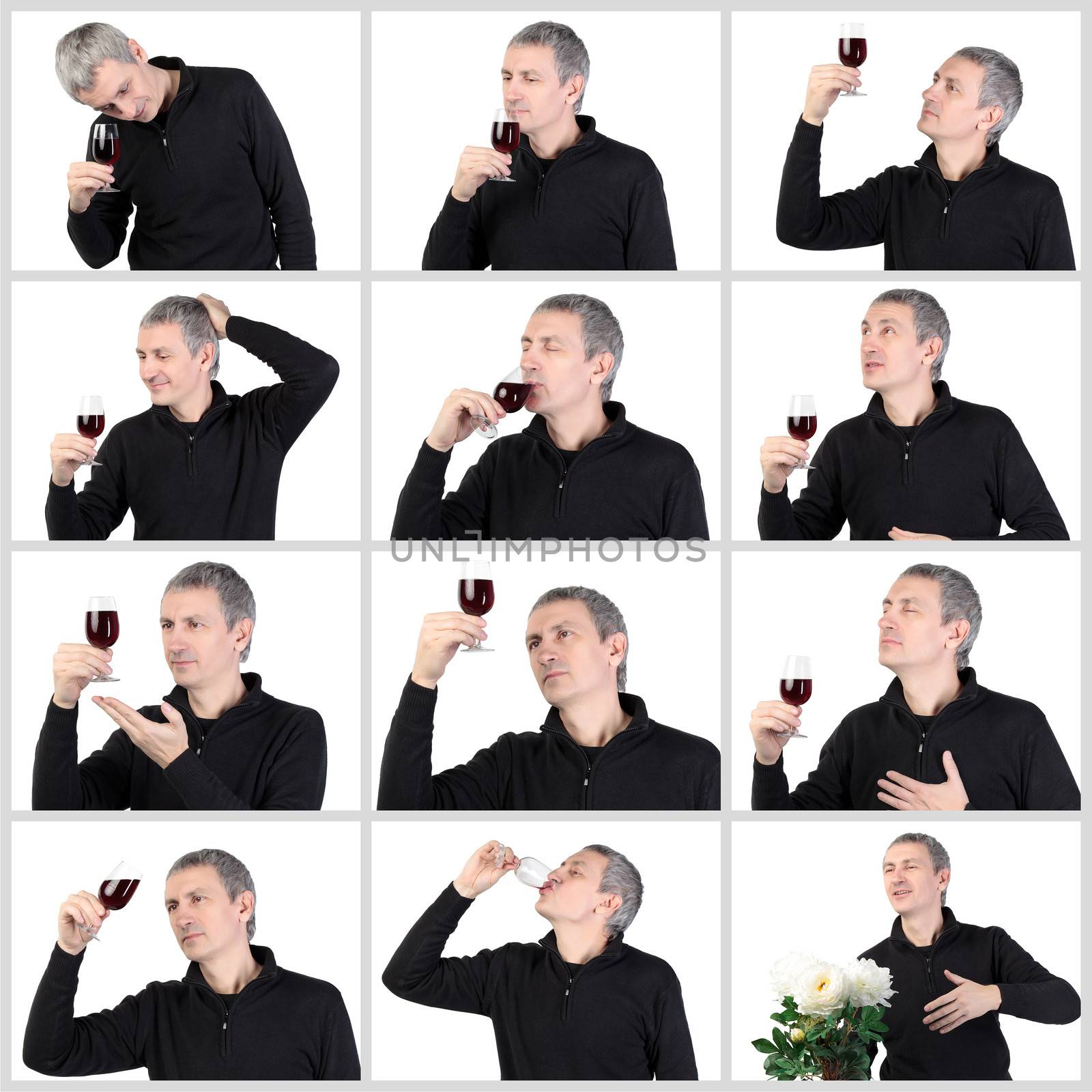 Collage Man tasting a glass of red port wine, on white background