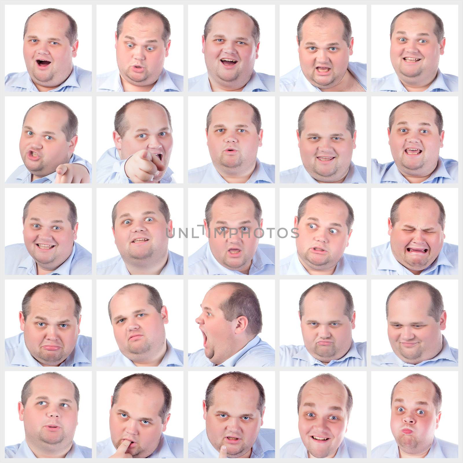 Collage portrait fat man with difference emotions, on white background