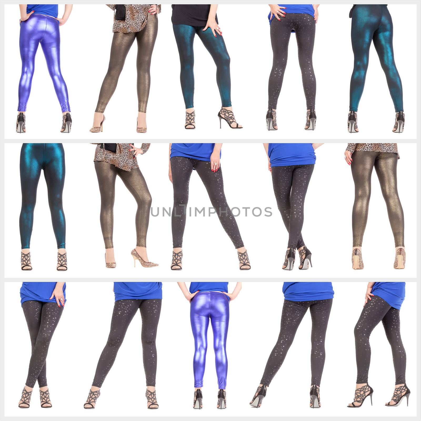 Collage woman's sexy legs and buttocks clad in shimmering leggin by Discovod