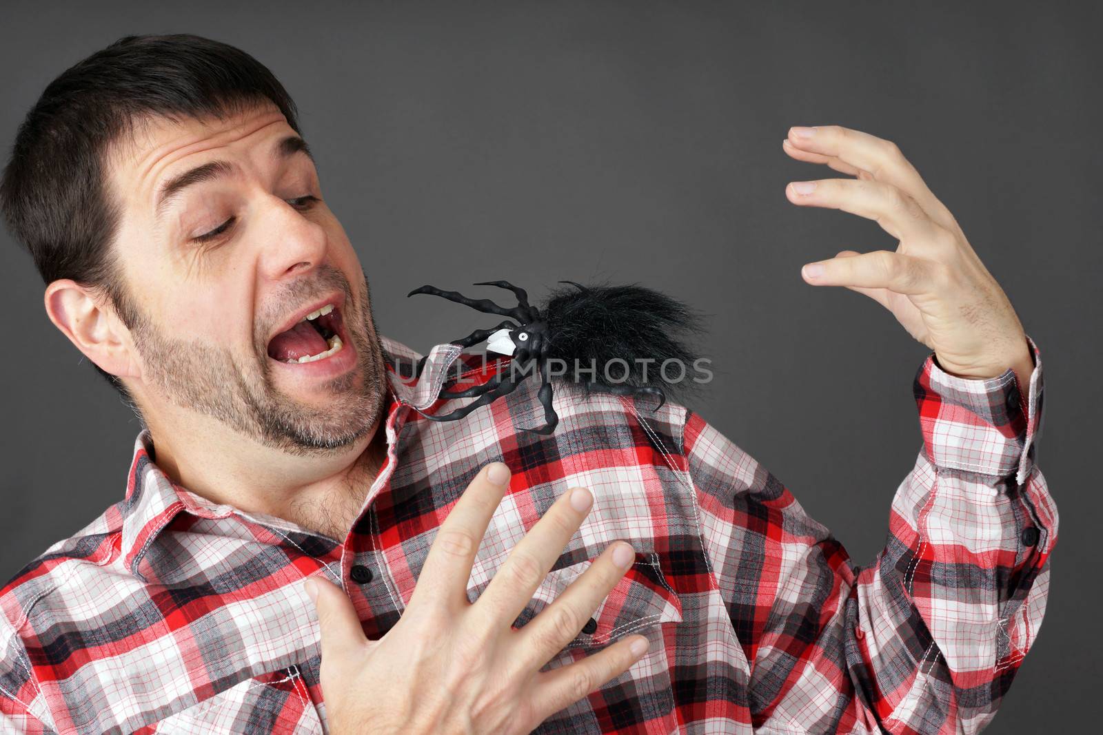 Prank or arachnaphobia concept: man scared by fake plastic spider on shoulder