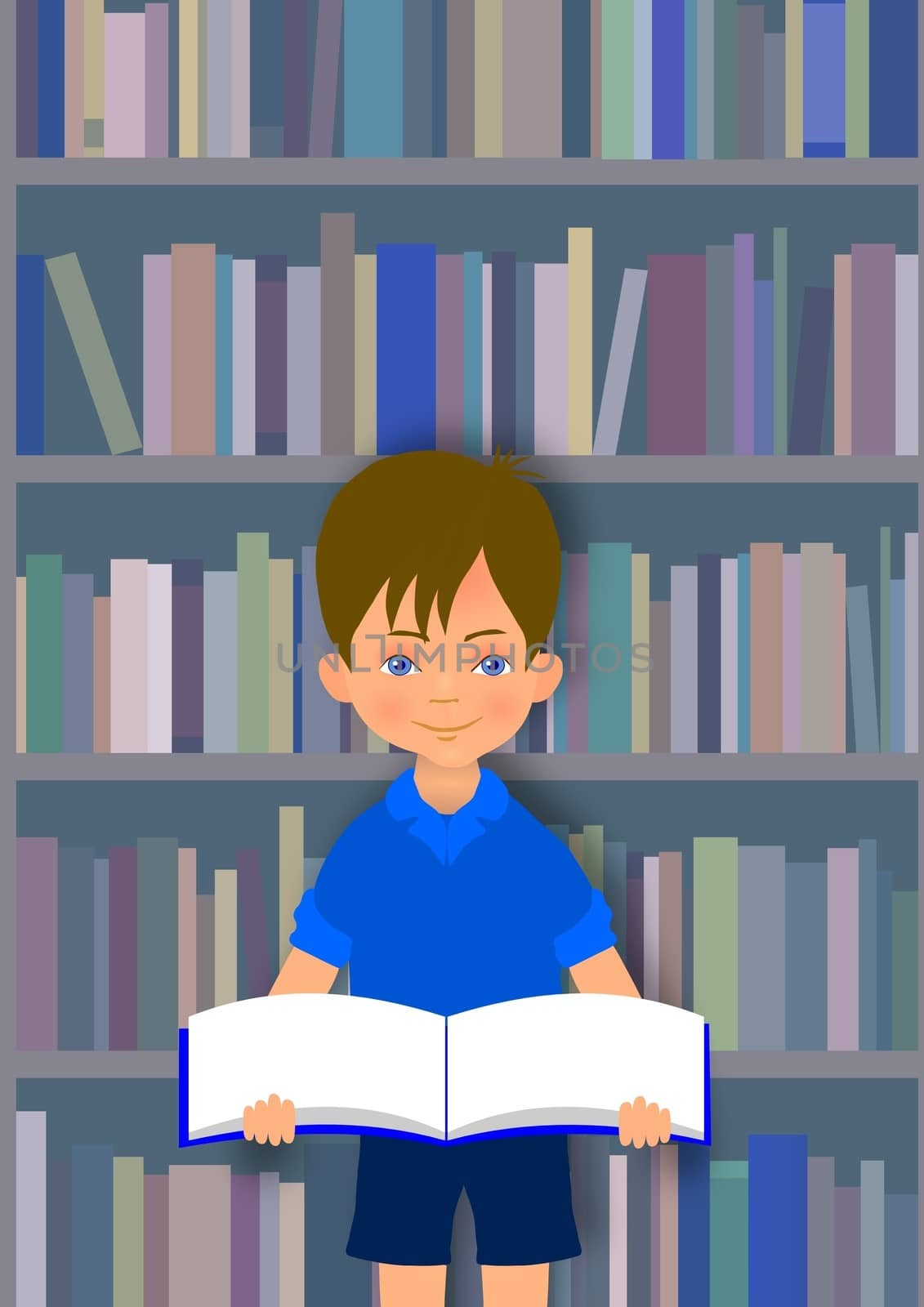 Illustration of a boy holding a book in front of bookshelves