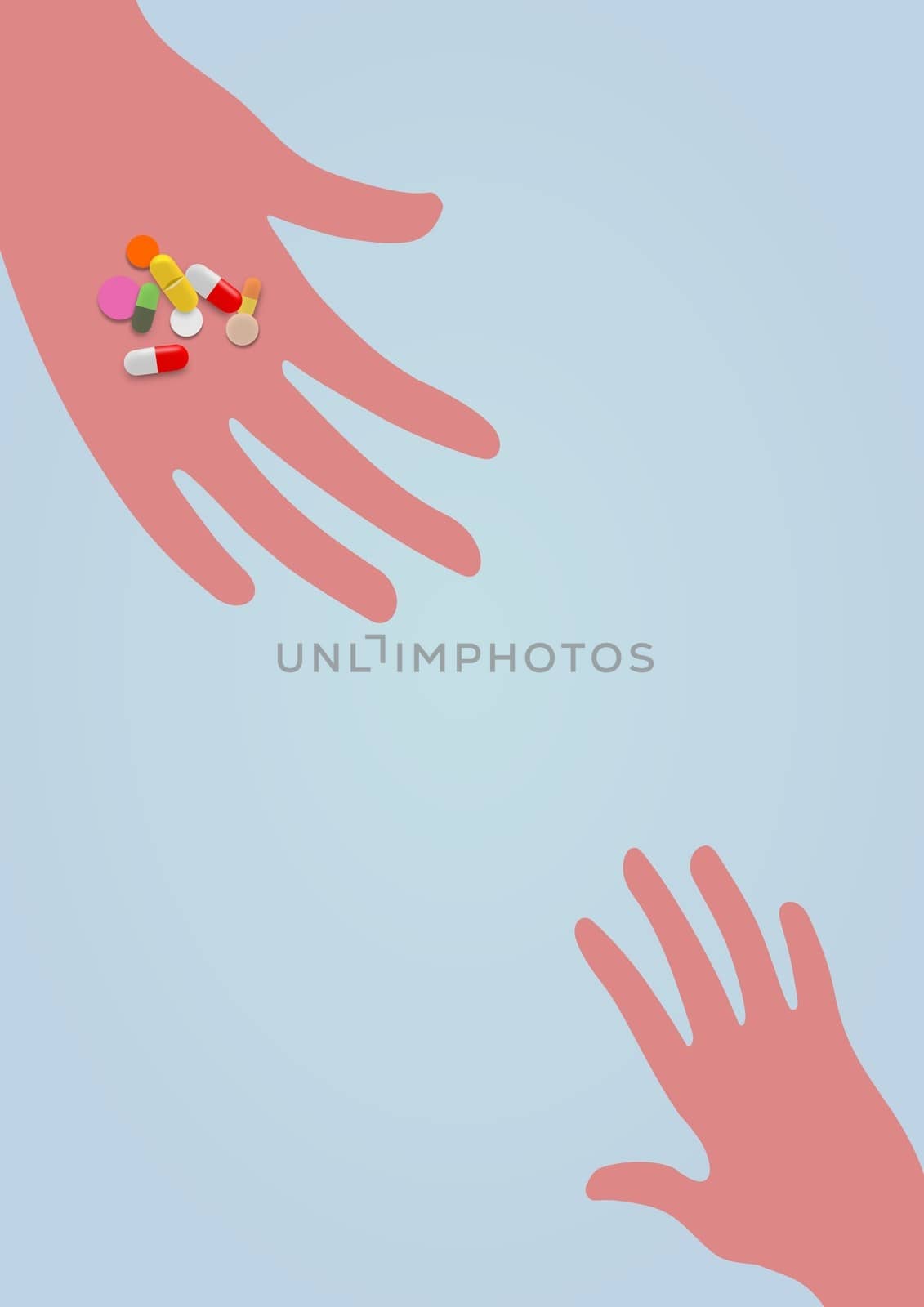 Illustration of two hands with one holding drugs and handing them out to a child