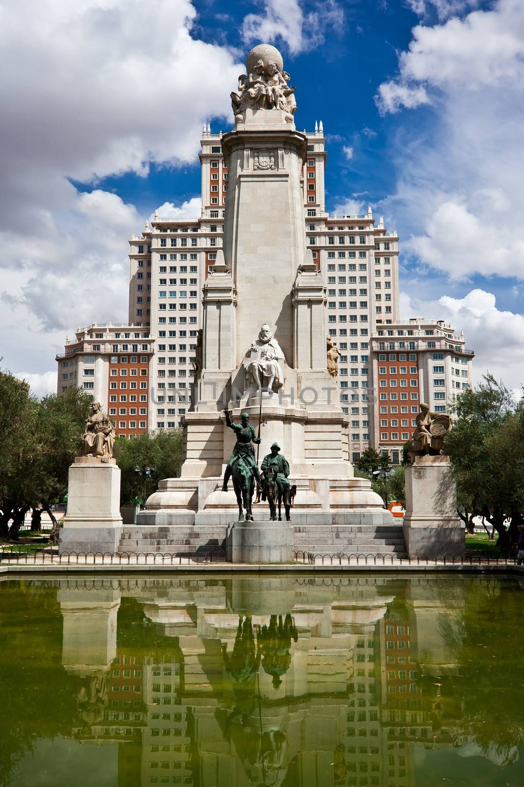 Statue of Spanish writer Miguel Cervantes and his characters Don Quichote with Sancho Panza, Madrid, Spain