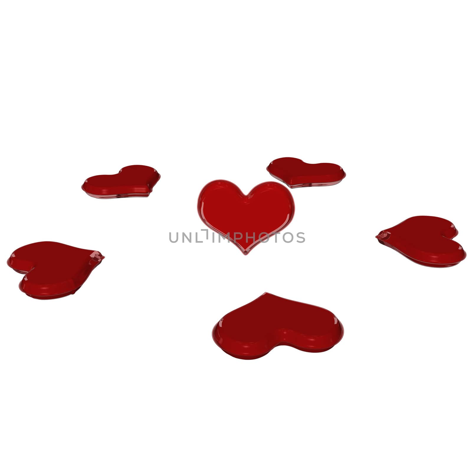 Red valentine hearts isolated on white. Three dimensional render.