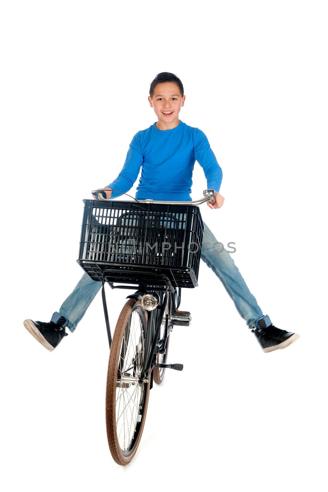 a teenage boy on a bike, on a white background