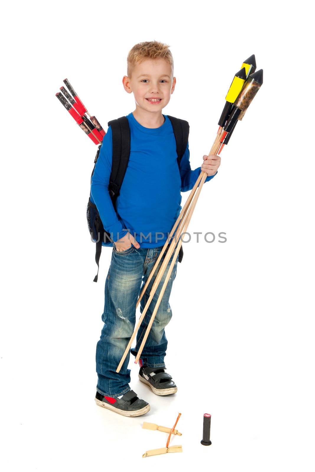 A boy who's to little with firework witch is too big on a white background