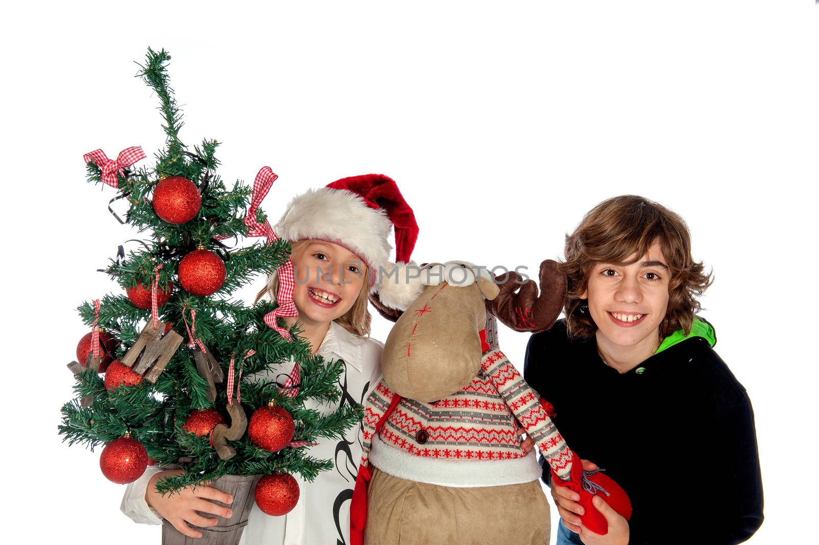 Two boys - one with a decorated christmas tree -and a Christmas Reindeer.