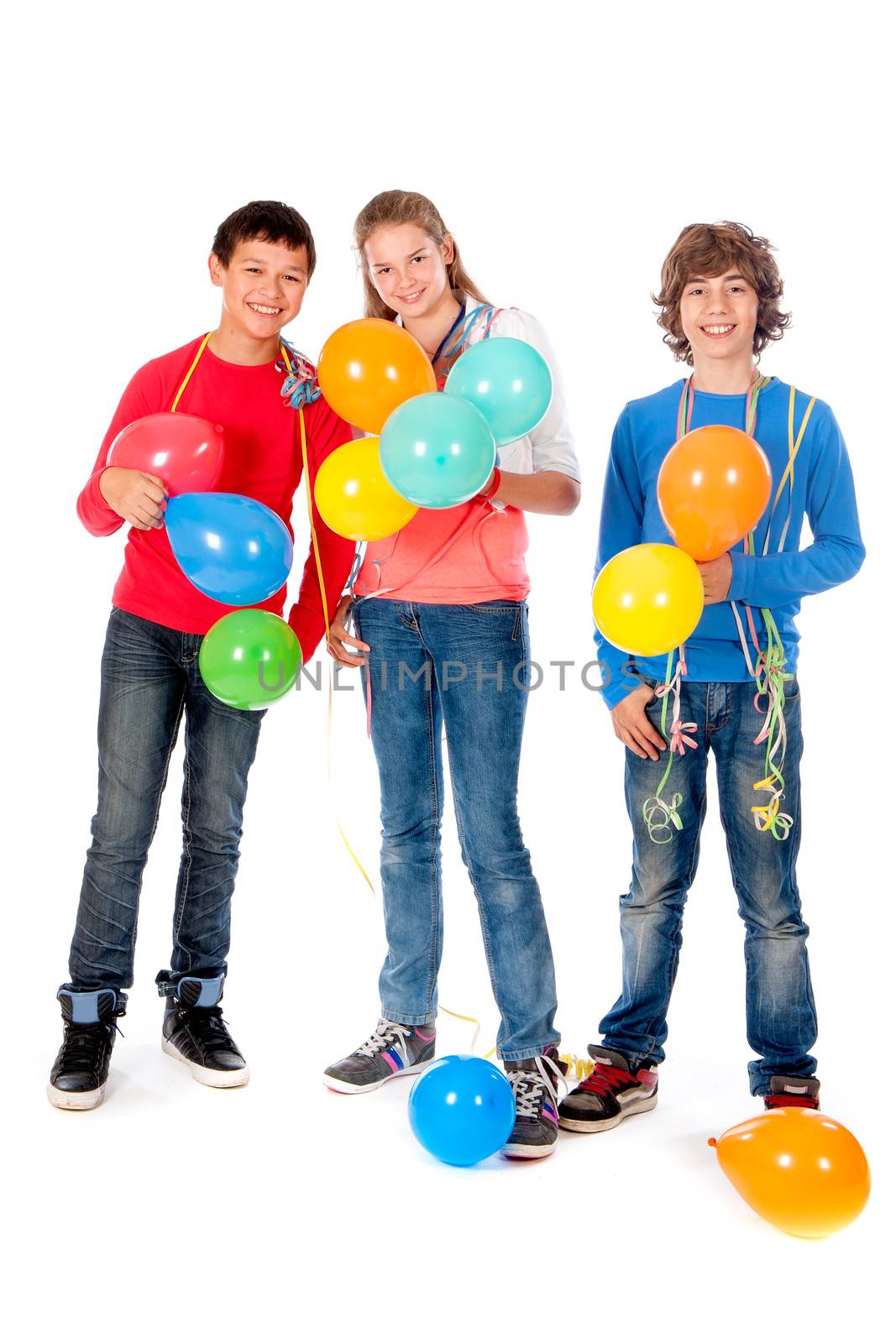 a girl and two boys with balloons on a white background