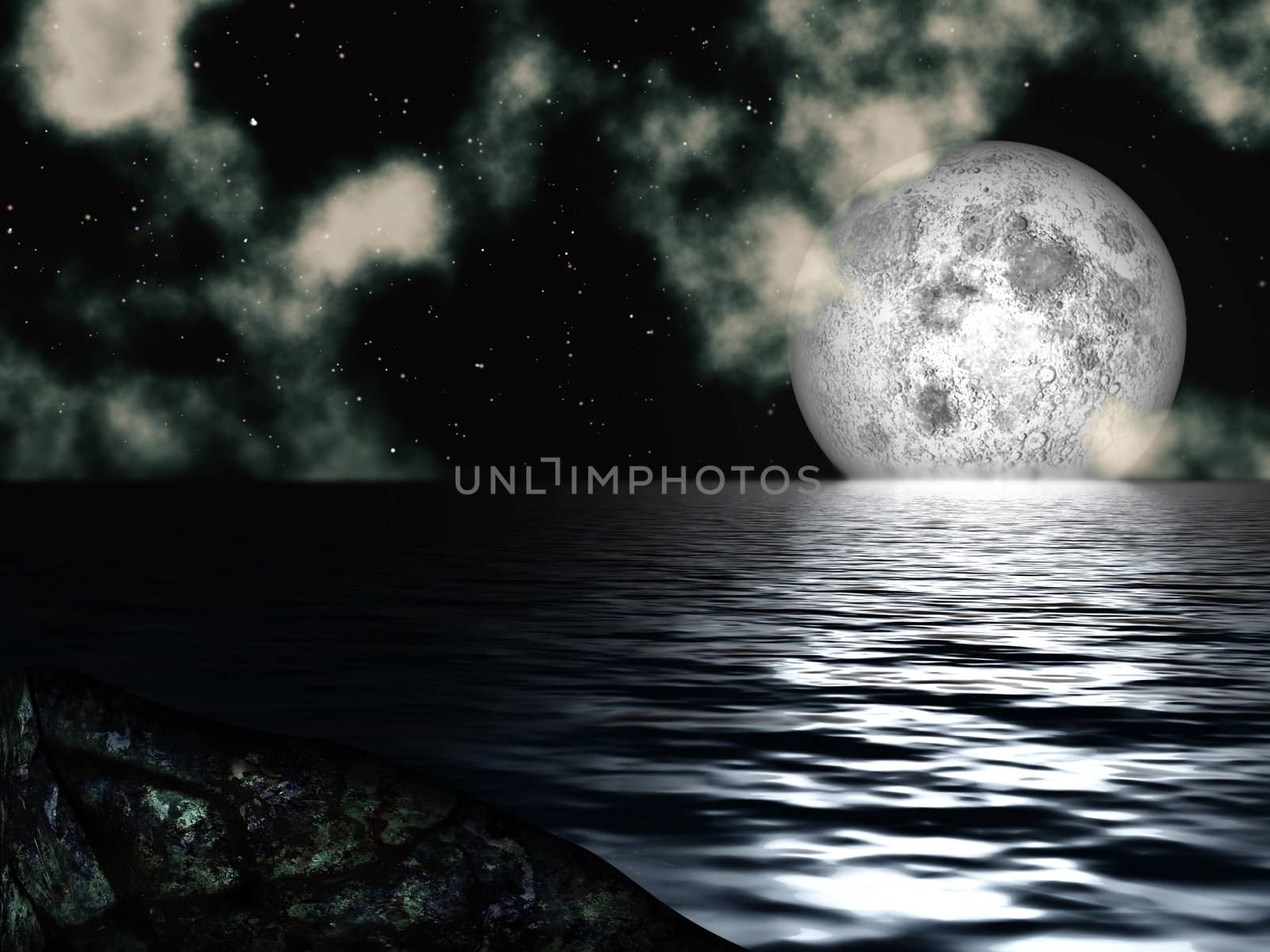 Night sky with full moon and his reflection in the sea