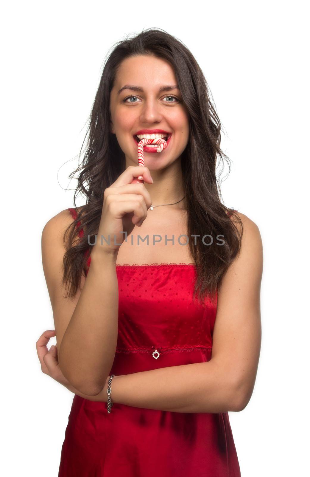 girl lick white-red candy in the form of heart with beautiful make-up   Valentine's day, love.
