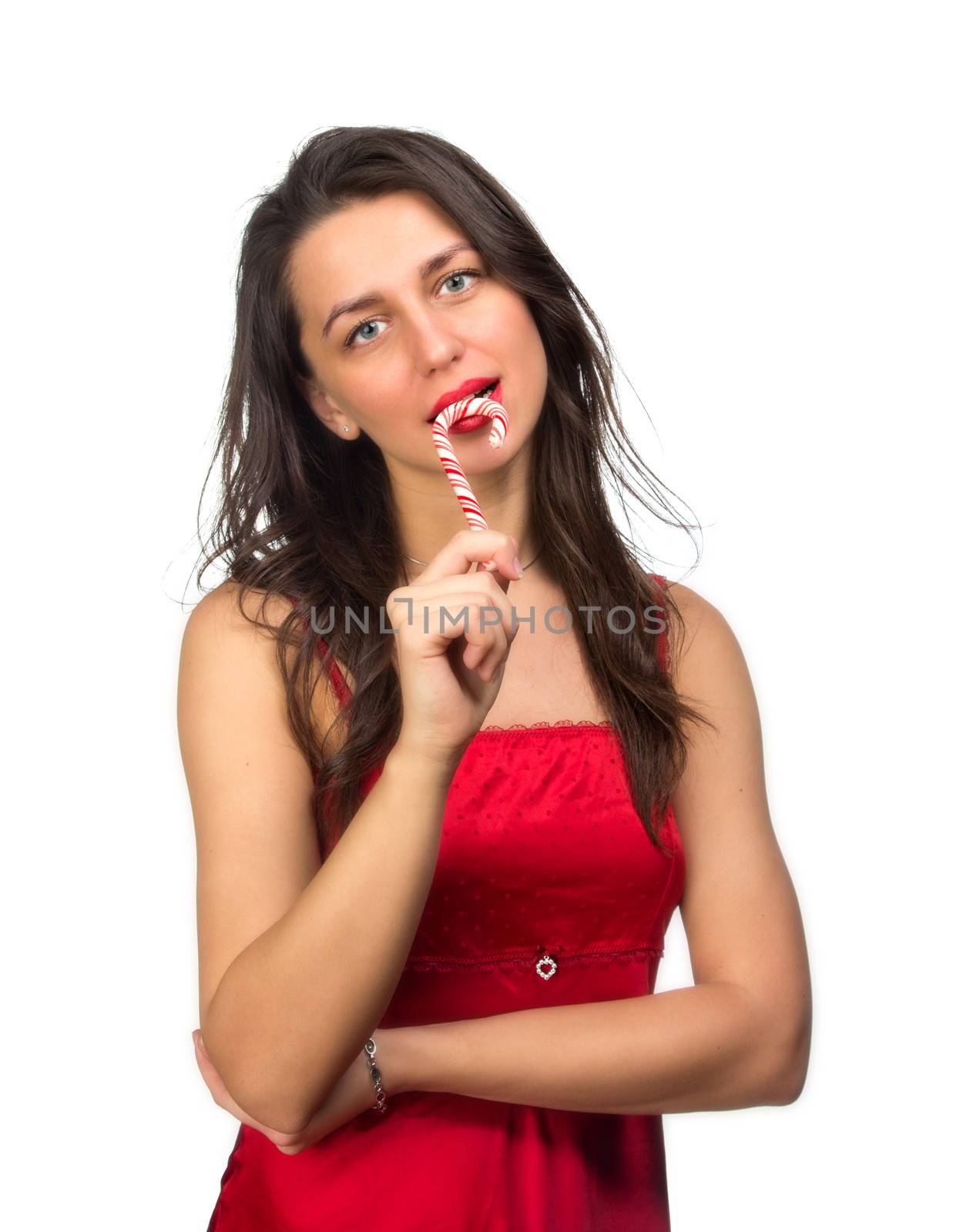 girl lick white-red candy in the form of heart with beautiful make-up   Valentine's day, love.