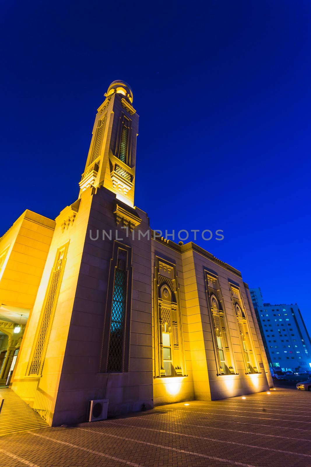 Al Noor Mosque in Sharjah at night. United Arab Emirates