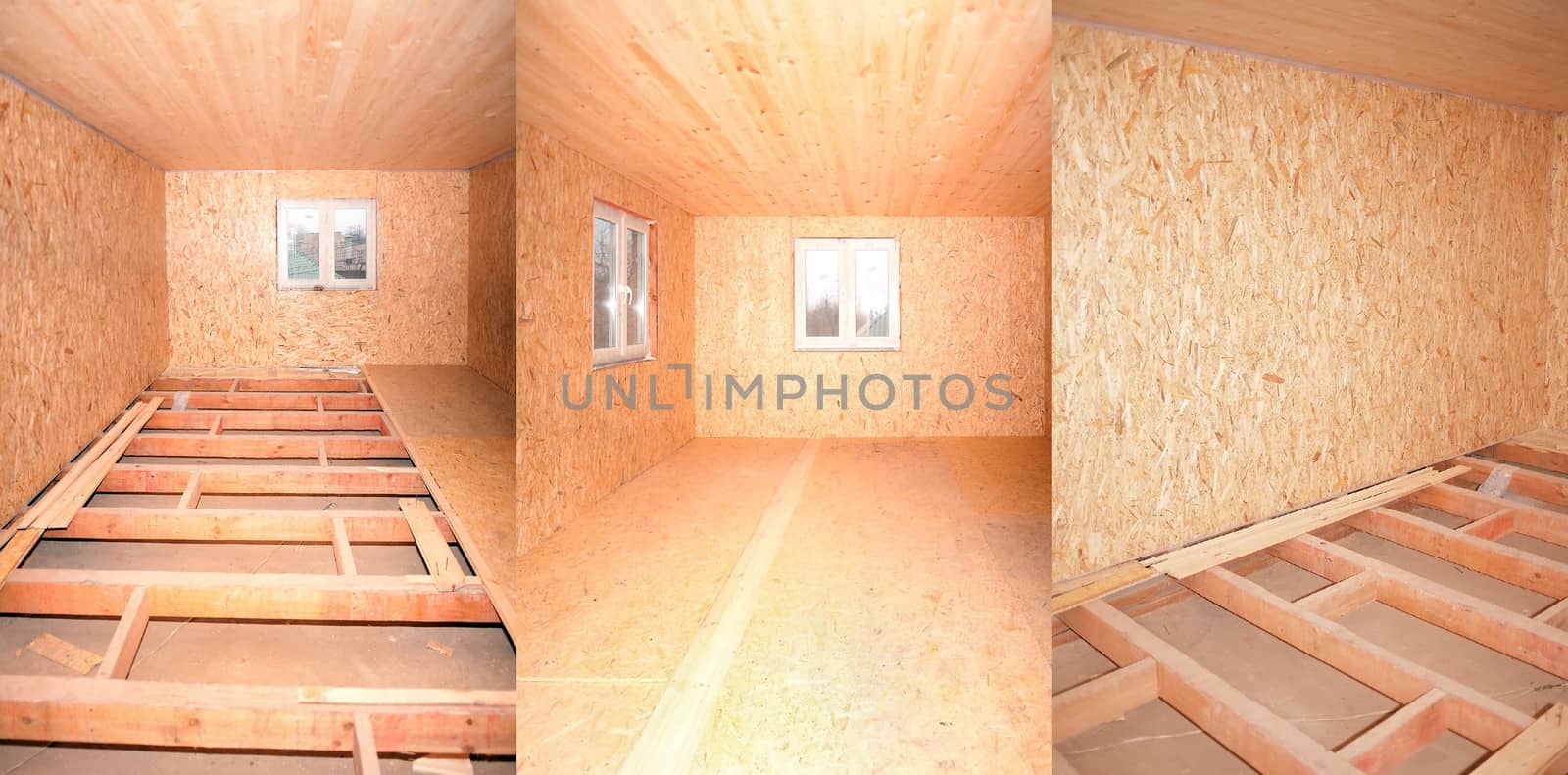 General view of the space of the room in the process of finishing a wooden building material