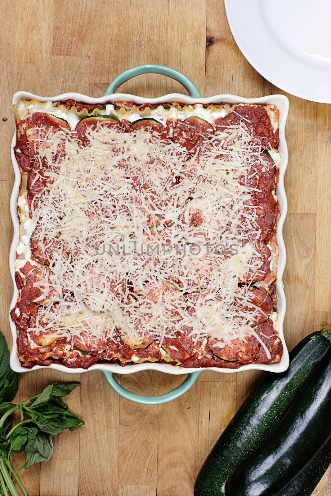 Delicious zucchini lasagna with fresh herbs and zucchini. 