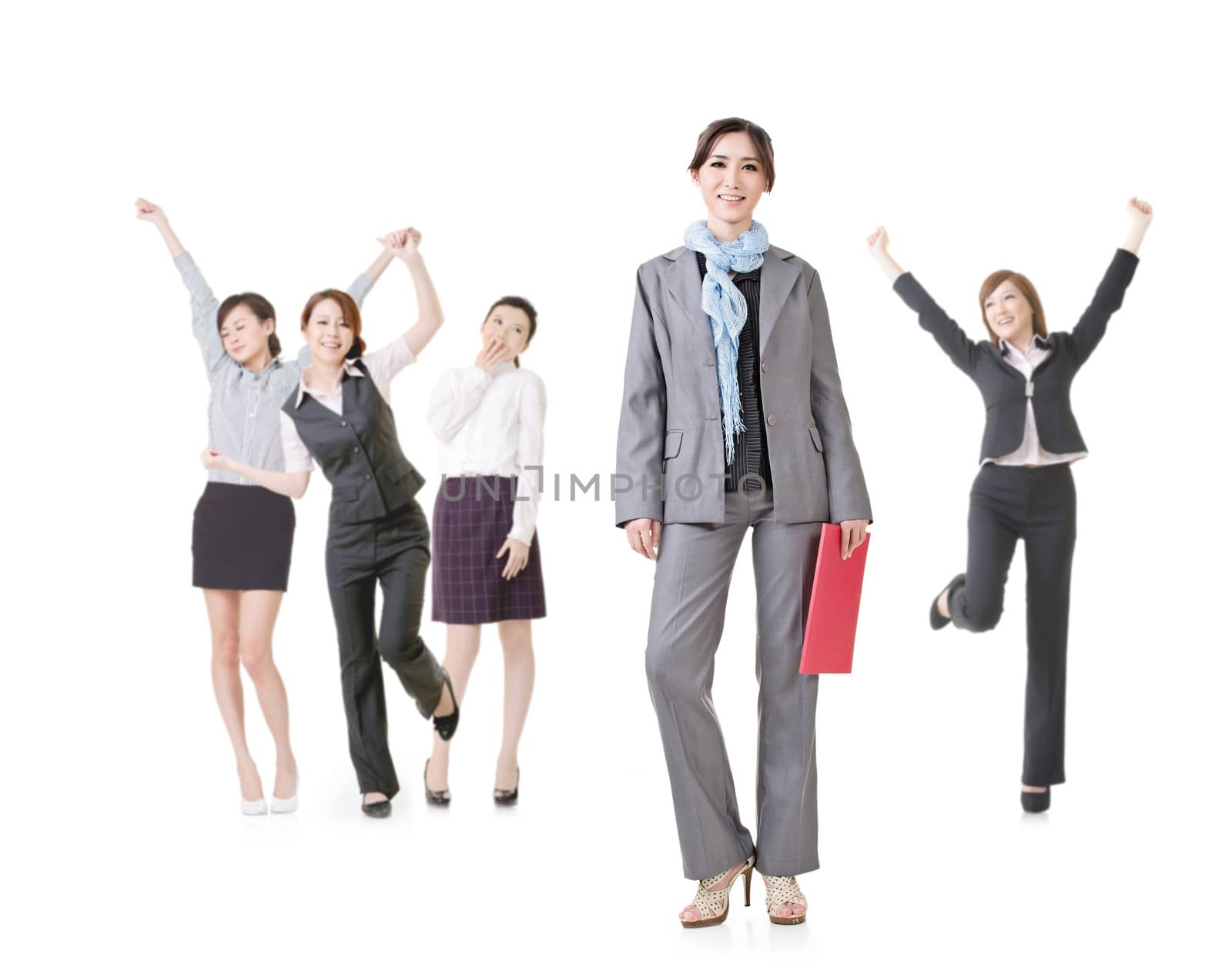 Cheerful businesswoman, a small team isolated on white background.