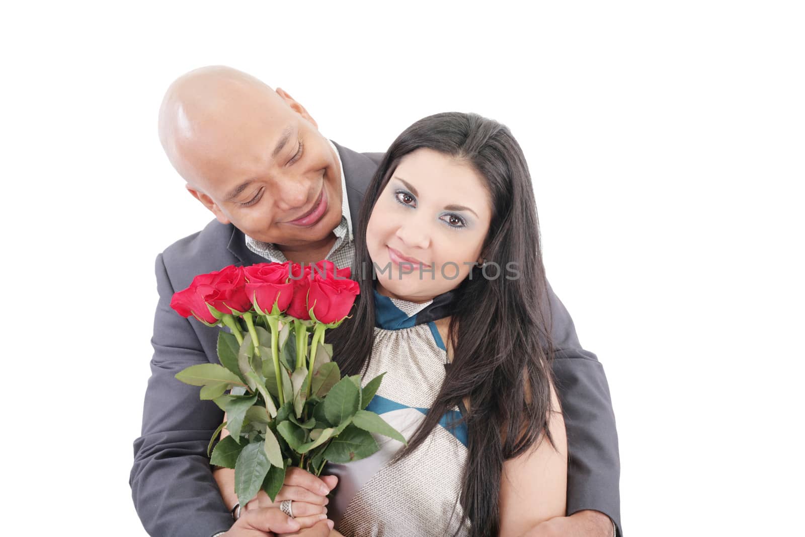 american young couple with bunch of roses