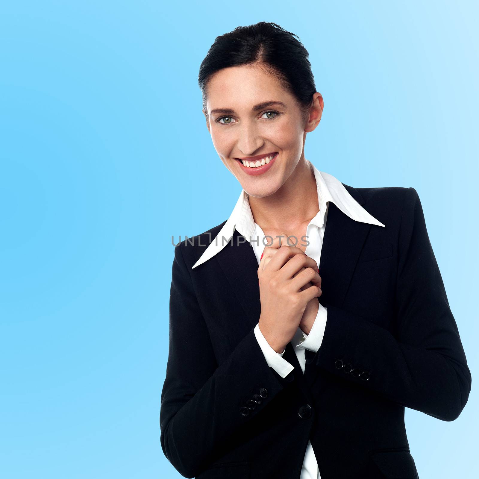 Happy corporate woman over gradient background