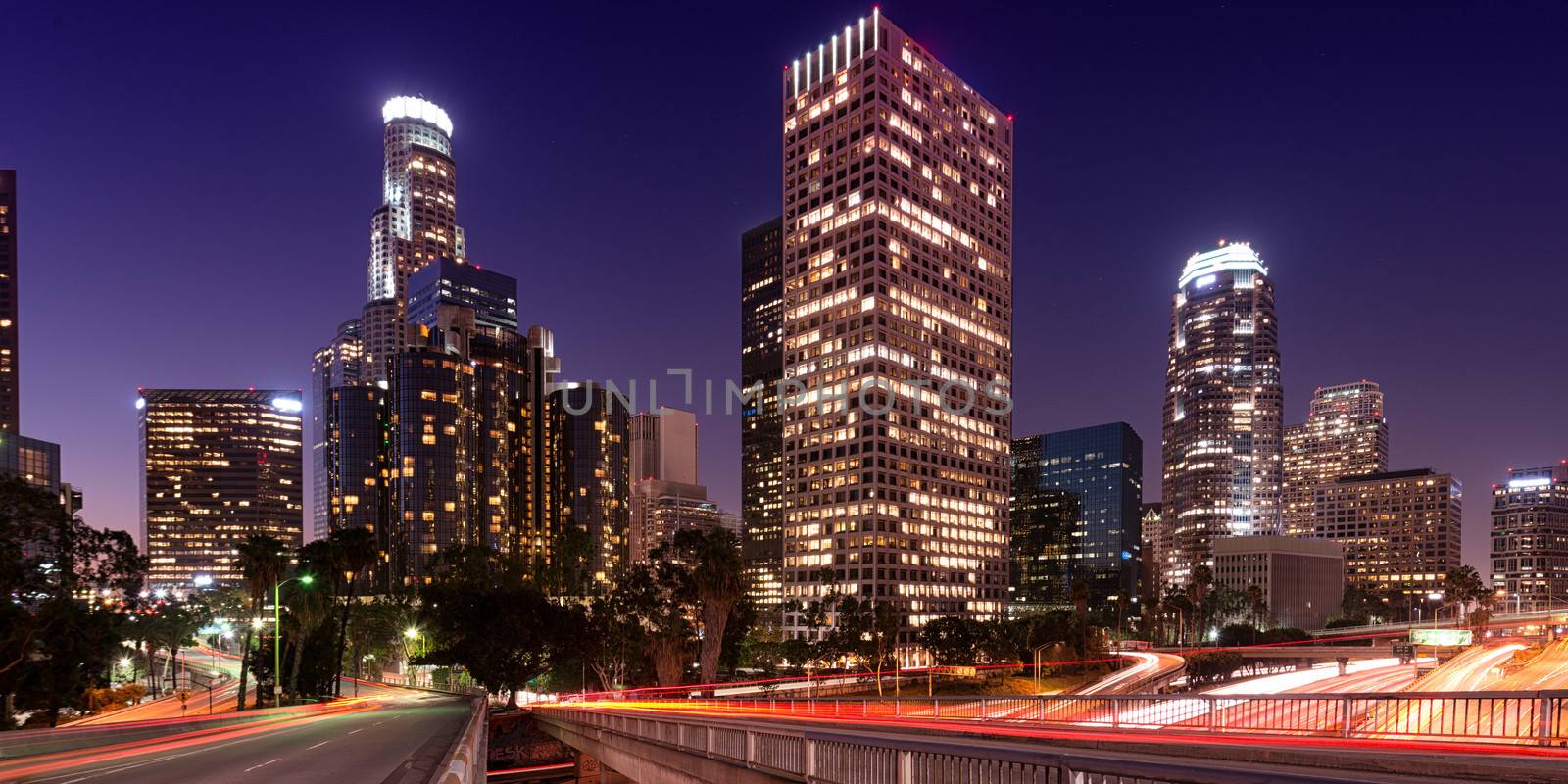 Downtown skylines lit up at night, Los Angeles, California, USA