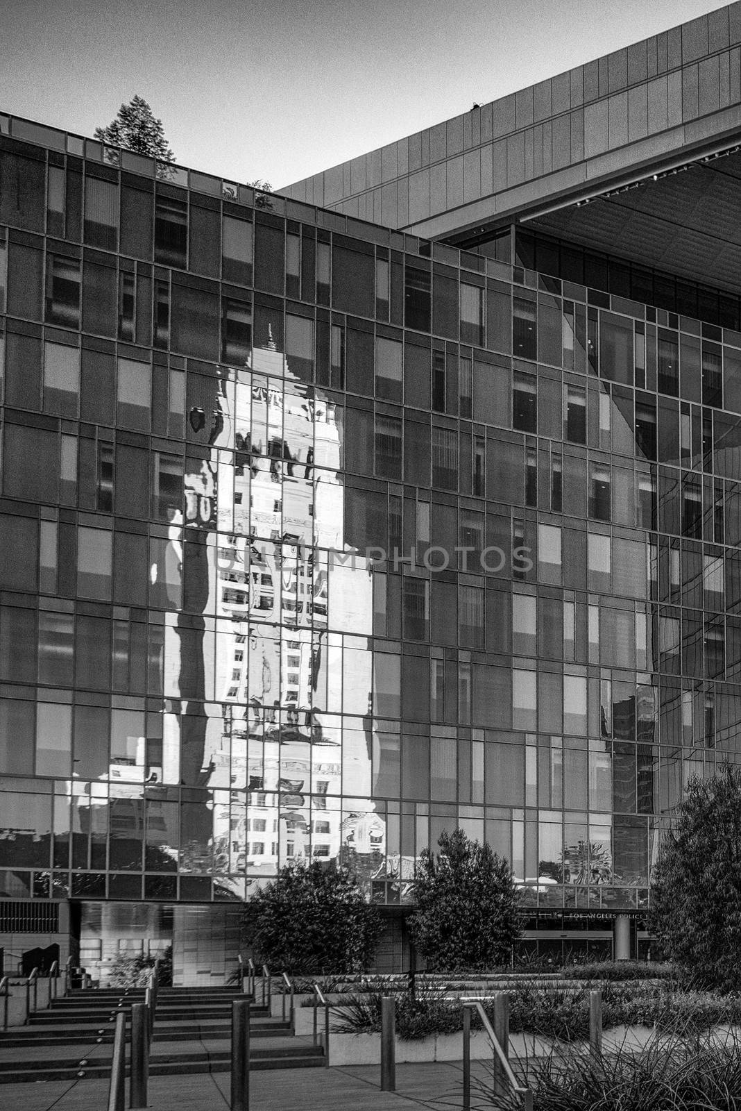 Reflection of the Los Angeles City Hall at Los Angeles Police Dept Headquarters, Los Angeles, California, USA