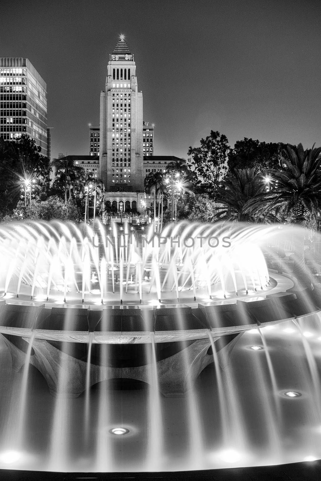 Los Angeles City Hall as seen from the Grand Park at night, Los Angeles, California, USA