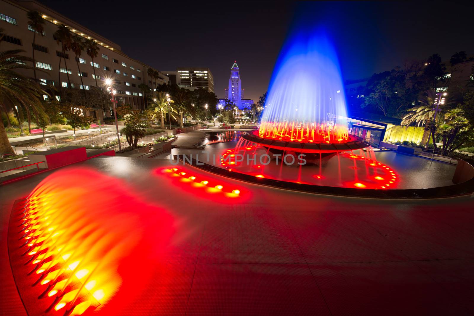 Los Angeles City Hall as seen from the Grand Park at night, Los Angeles, California, USA