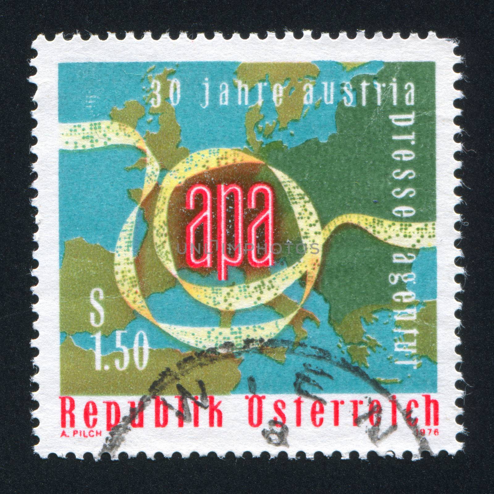 AUSTRIA - CIRCA 1976: stamp printed by Austria, shows Punched Tape, Map of Europe, circa 1976