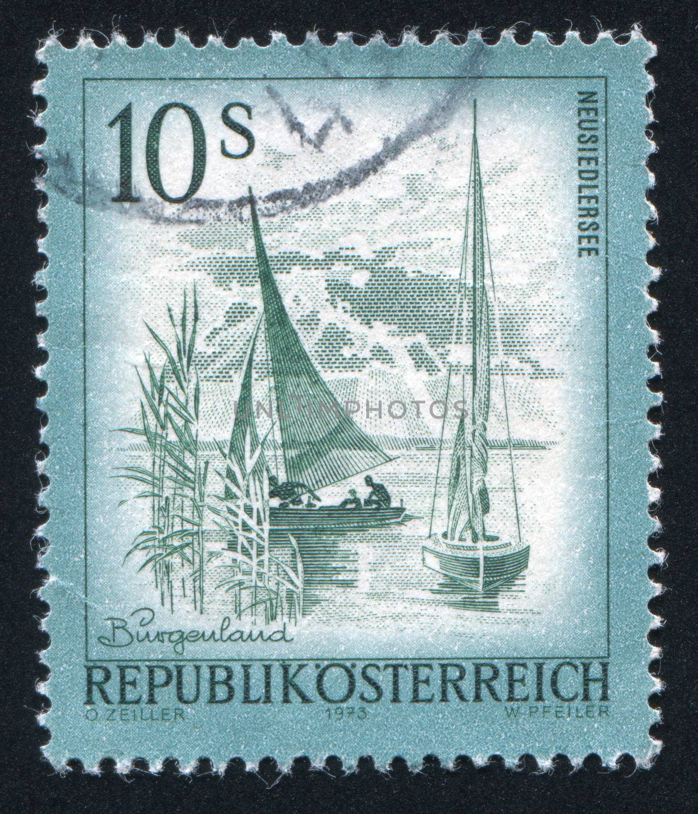AUSTRIA - CIRCA 1973: stamp printed by Austria, shows sailing vessel on Lake Neusiedl, circa 1973