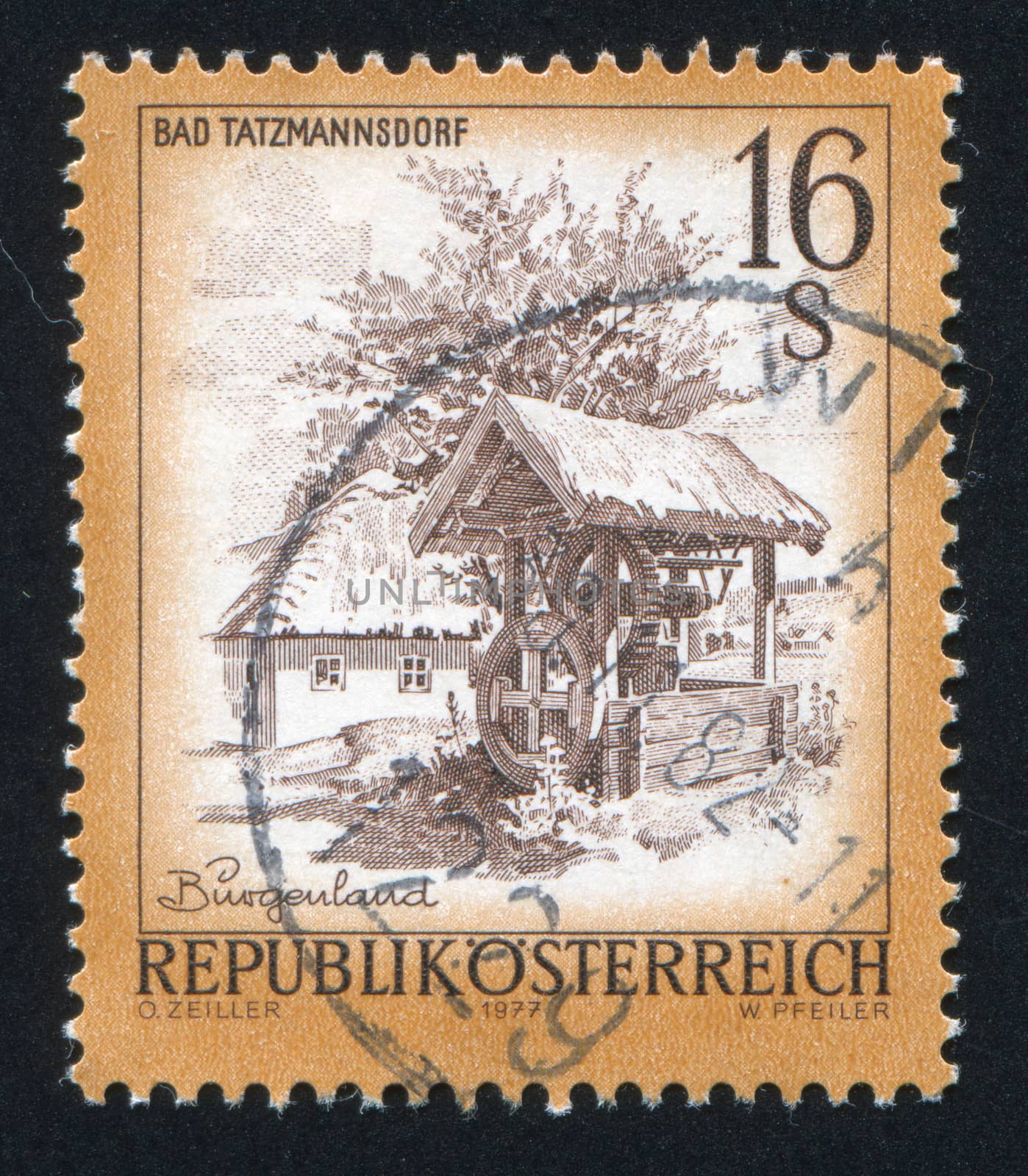 AUSTRIA - CIRCA 1977: stamp printed by Austria, shows draw well, house, tree, circa 1977