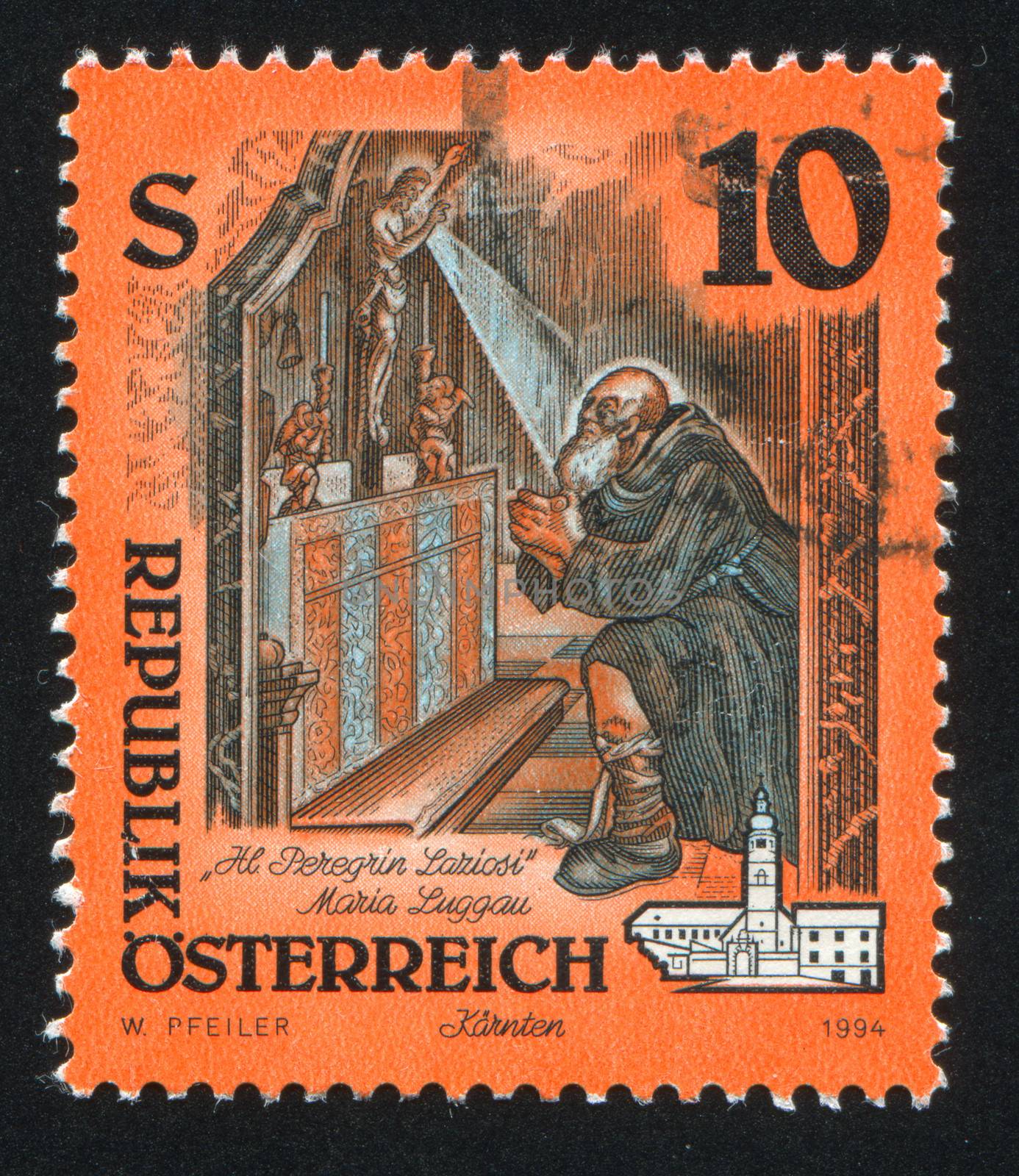 AUSTRIA - CIRCA 1994: stamp printed by Austria, shows St. Peregrinus praying, Altarpiece, Maria Luggau Monastery, circa 1994