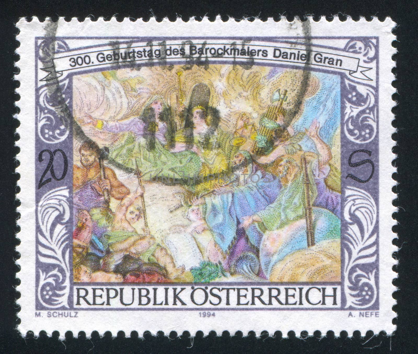 AUSTRIA - CIRCA 1994: stamp printed by Austria, shows Fresco with people by Daniel Gran, circa 1994