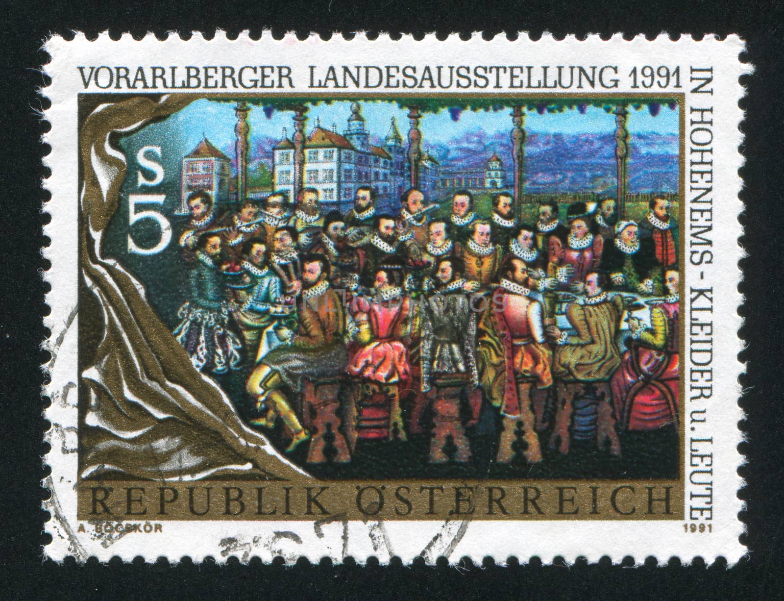 AUSTRIA - CIRCA 1991: stamp printed by Austria, shows Garden Banquet by Anthony Bays, sitting noblemen, circa 1991
