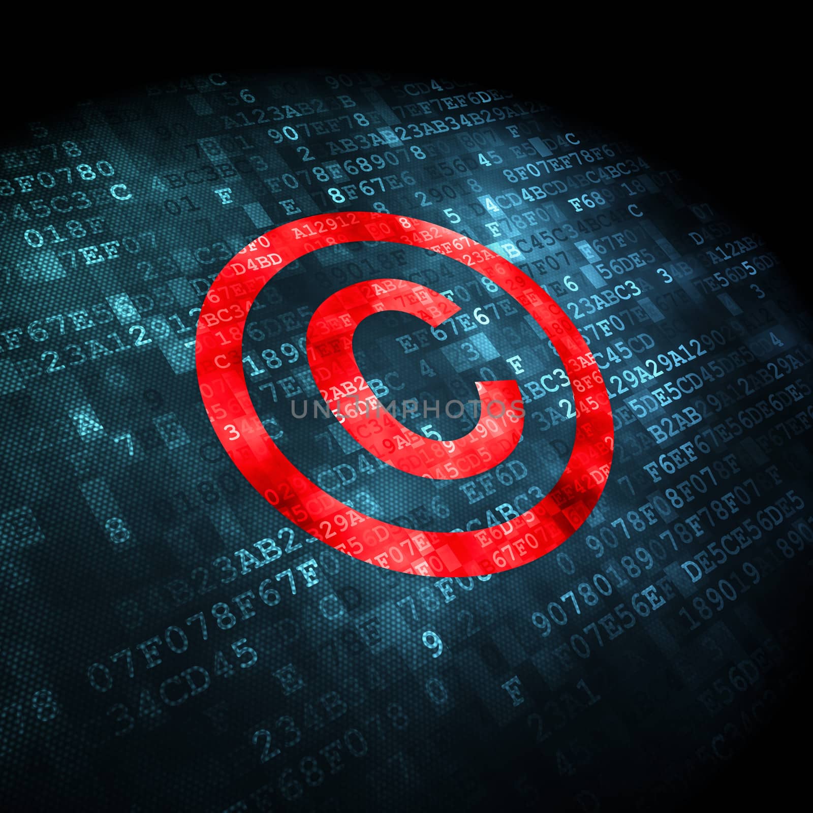 Law concept: pixelated Copyright icon on digital background, 3d render