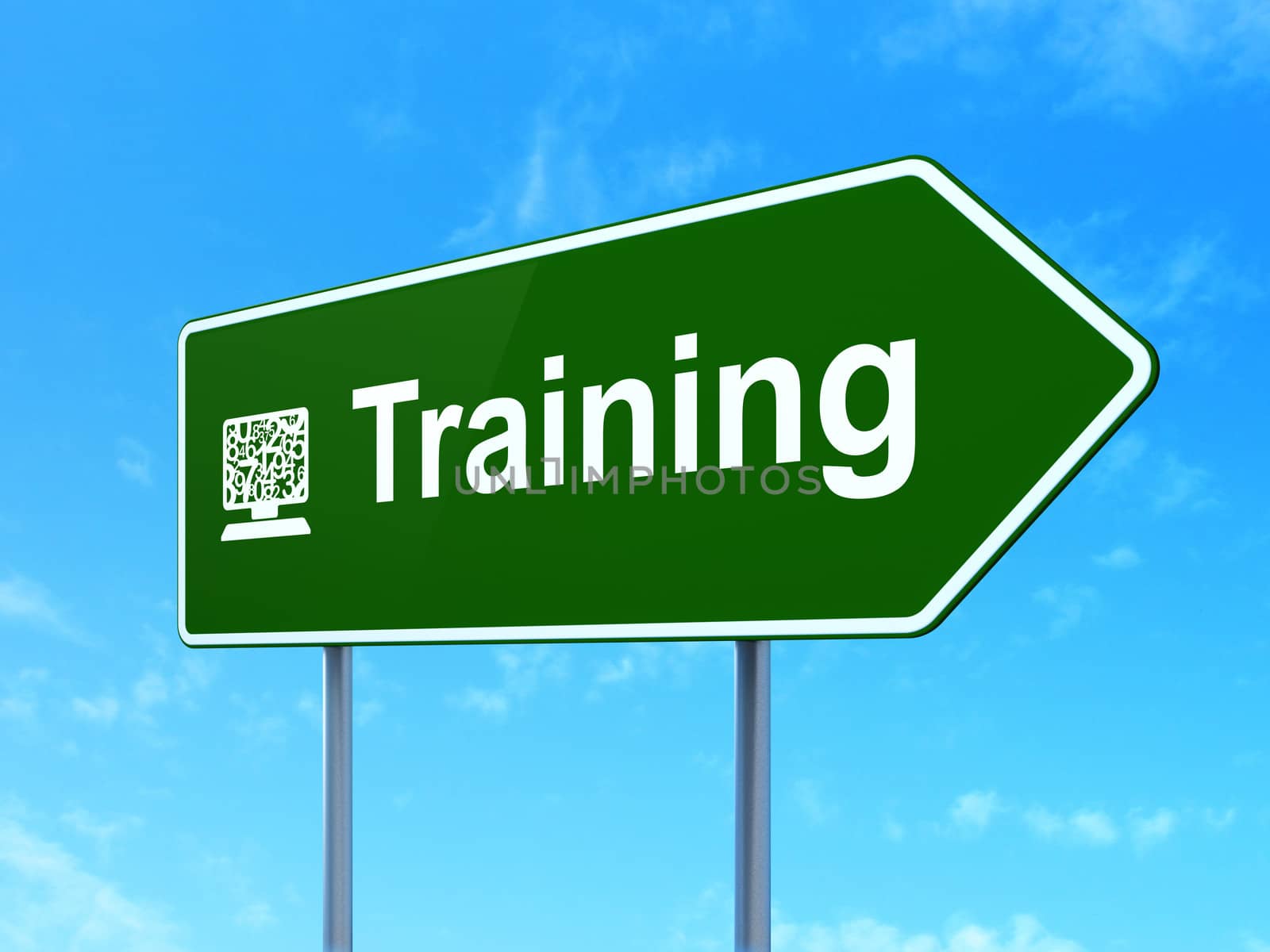 Education concept: Training and Computer Pc icon on green road (highway) sign, clear blue sky background, 3d render