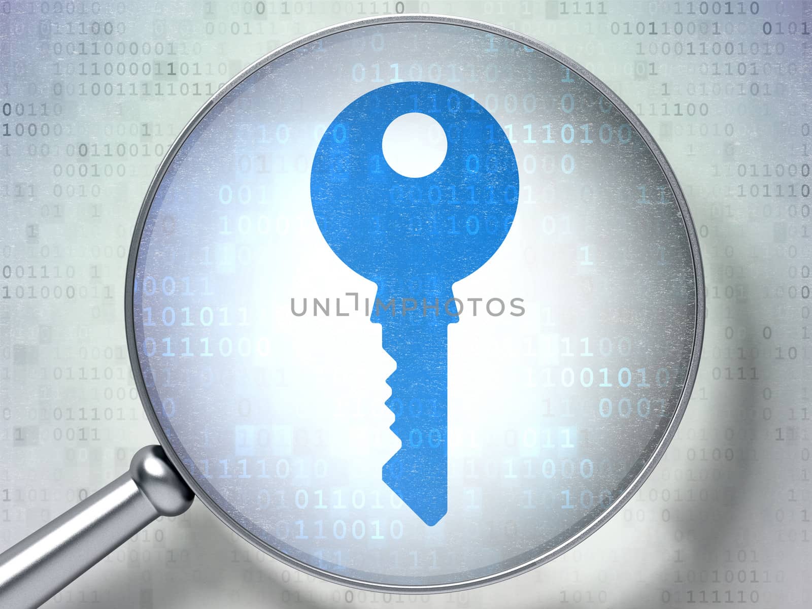 Privacy concept: magnifying optical glass with Key icon on digital background, 3d render