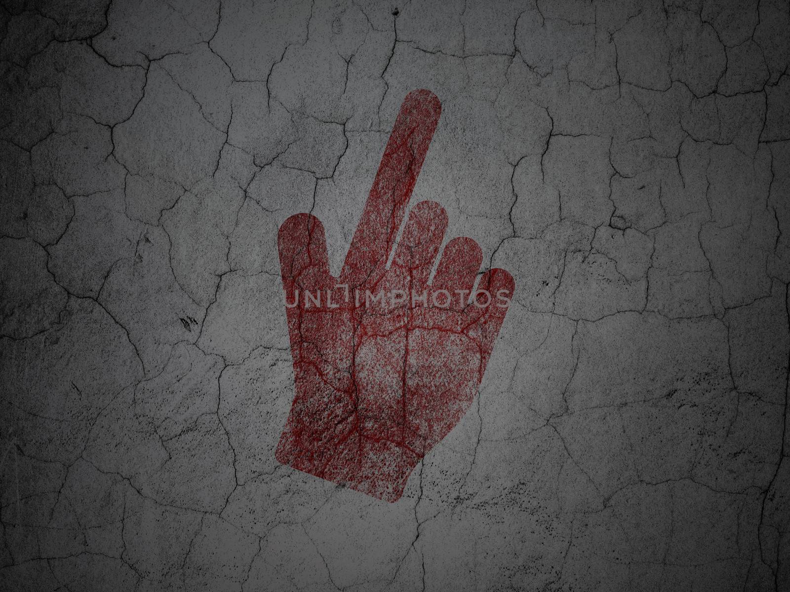 Marketing concept: Red Mouse Cursor on grunge textured concrete wall background, 3d render